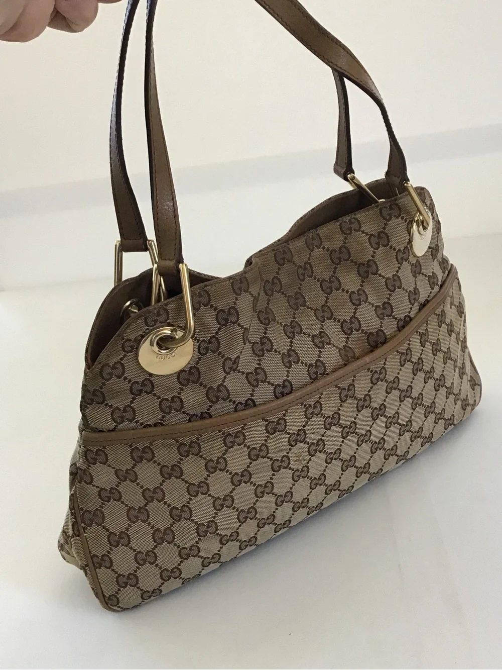 Gucci GG Canvas Eclipse Shoulder Bag Beige Brown Monogram Leather Trim Italy - Picture 11 of 15